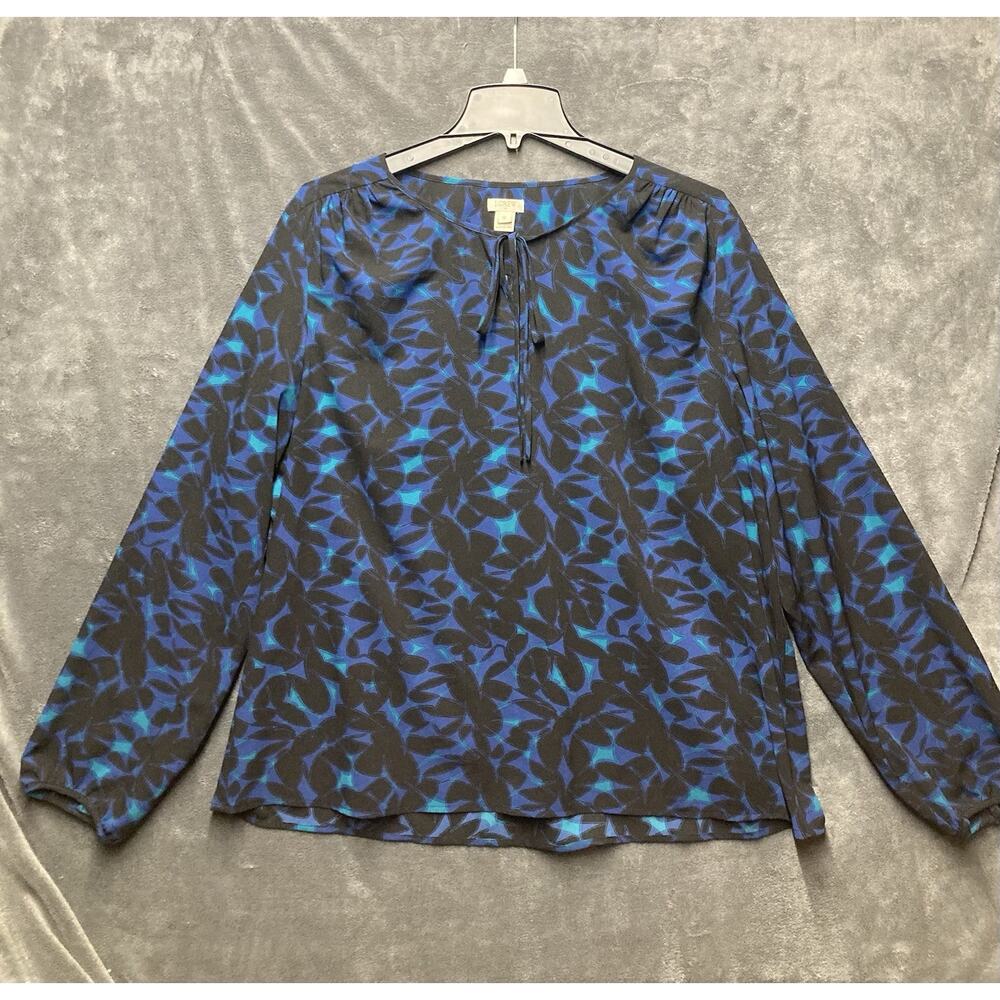 J Crew Blouse XL Blue Black Moody Floral Chiffon Long Sleeve Keyhole Tie Neck